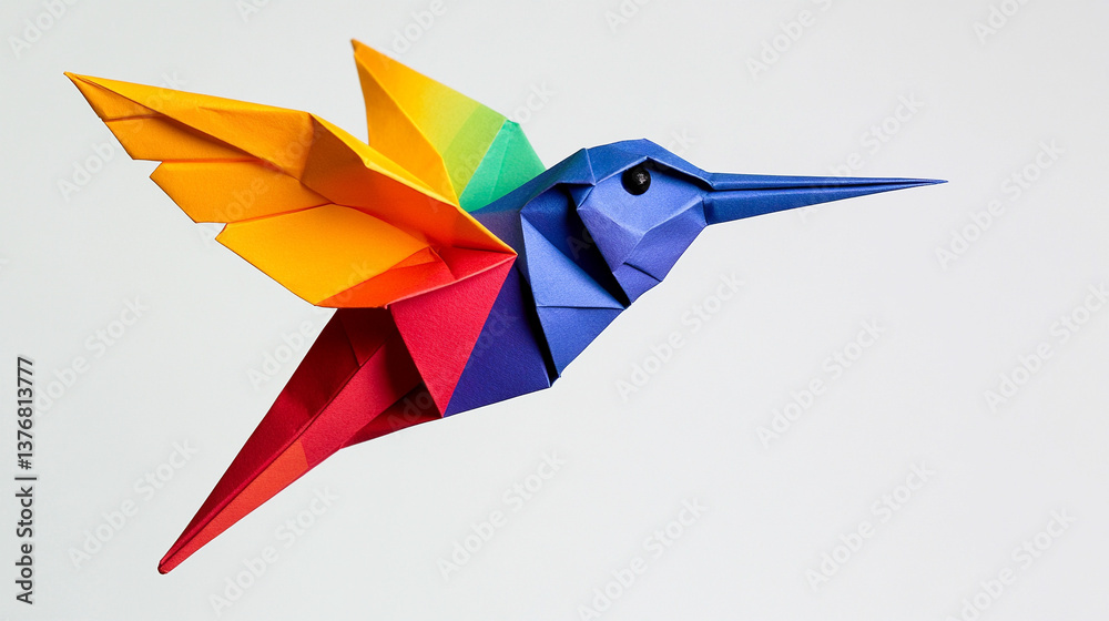 Naklejka premium A cute, adorable origami hummingbird representing creativity and transformation, isolated on a clean background with ample copy space, perfect for a simple starter craft for kids.