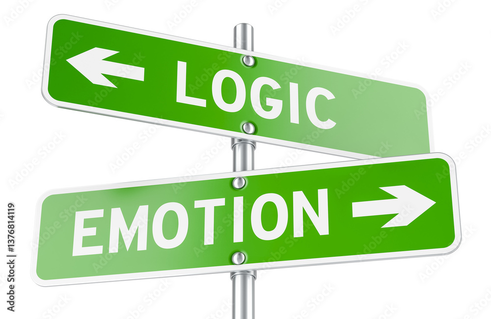 Emotion or Logic, concept. Opposite traffic sign, 3D rendering isolated on transparent background