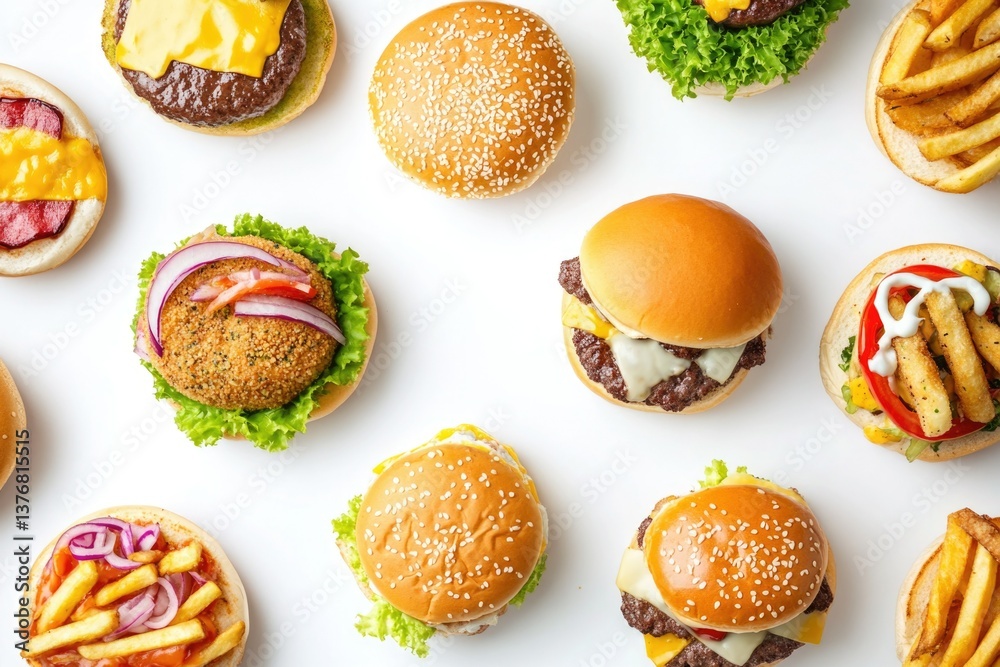 Delicious fast-food choices with cheese, lettuce, tomato, onion, ketchup, mustard