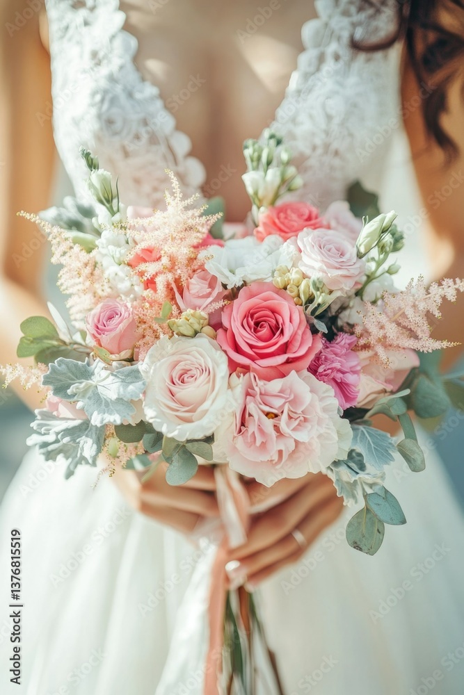 Bride with bridal bouquet, white wedding gown, traditional pink and white roses and peonies.