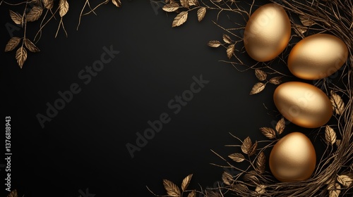 Elegant black background with gold Easter eggs and leaf accents