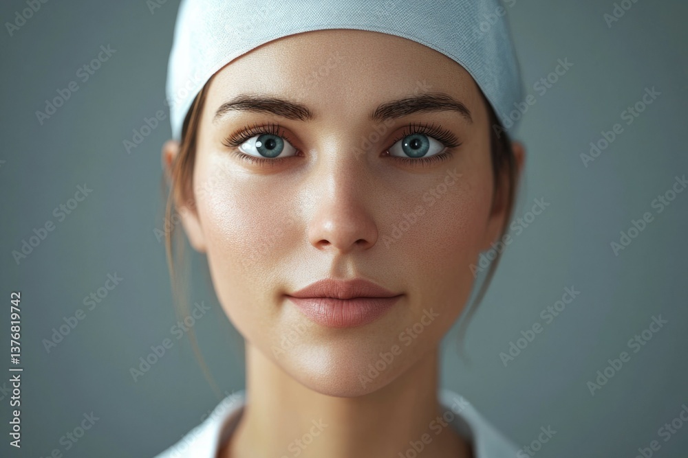 A young woman wearing a sterile surgical cap, looking towards the camera with a serious expression.