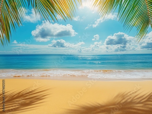 Obraz na płótnie Sandy shoreline, palm trees, sunny day. w salonie