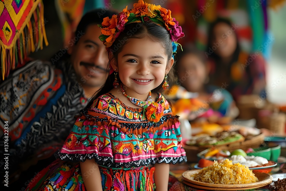Fototapeta premium Young girl in colorful traditional Latin American dress and floral crown smiles during festive celebration with traditional food and decorations in background.