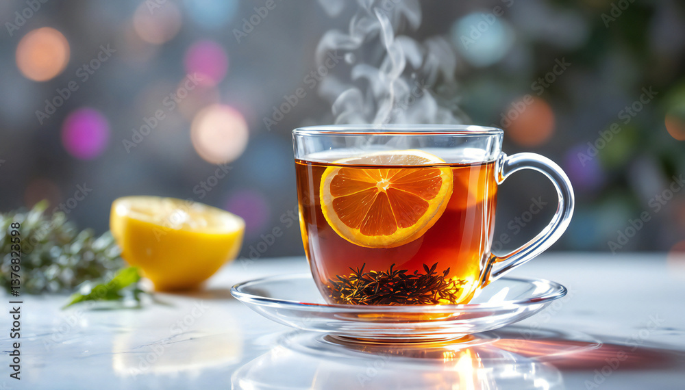 A close-up shot captures a warm cup of tea, infused with a citrusy zest, offering a glimpse of warmth and refreshment. The steam rises, hinting at the beverage's soothing qualities. A close-up shot captures a warm cup of tea, infused with a citrusy zest, offering a glimpse of warmth and refreshment. The steam rises, hinting at the beverage's soothing qualities.