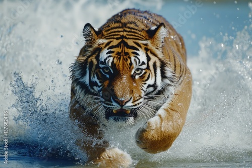 Fototapeta Naklejka Na Ścianę i Meble -  A dynamic scene of a tiger sprinting through shallow water near the shore, displaying natural predator behavior.
