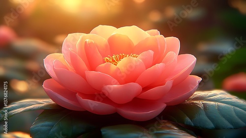 Hands sharing a beautiful blooming flower, framed by the soft light of dawn in a garden.