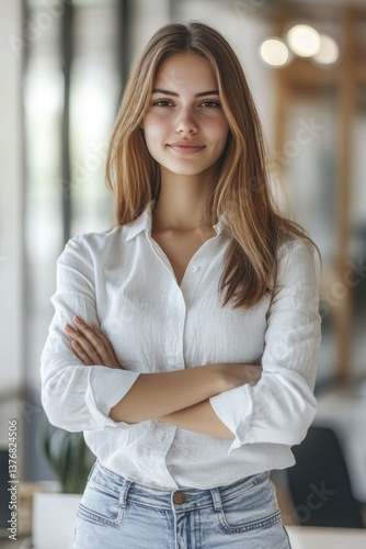 Free Download Professional female executive with crossed arms, confident posture, neutral expression, in professional attire and modern office background. - GFXLoad