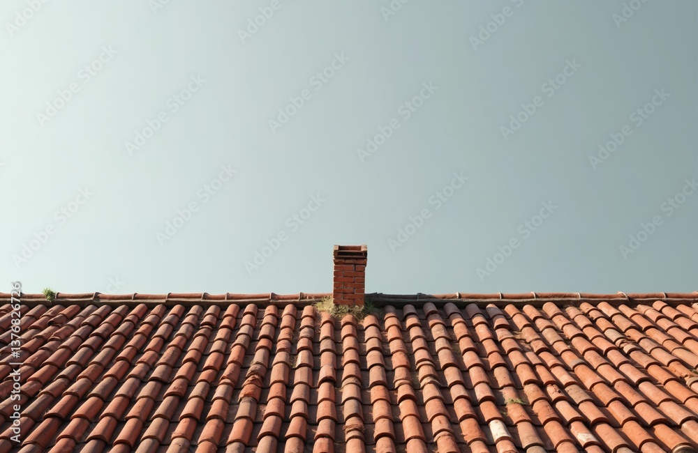 Old tile roof with chimney. Brown terracotta tiles. Brick chimney with green vegetation. Countryside landscape, rural scene, sky background. Travel photo. Old tile roof with chimney. Brown terracotta tiles. Brick chimney with green vegetation. Countryside landscape, rural scene, sky background. Travel photo.