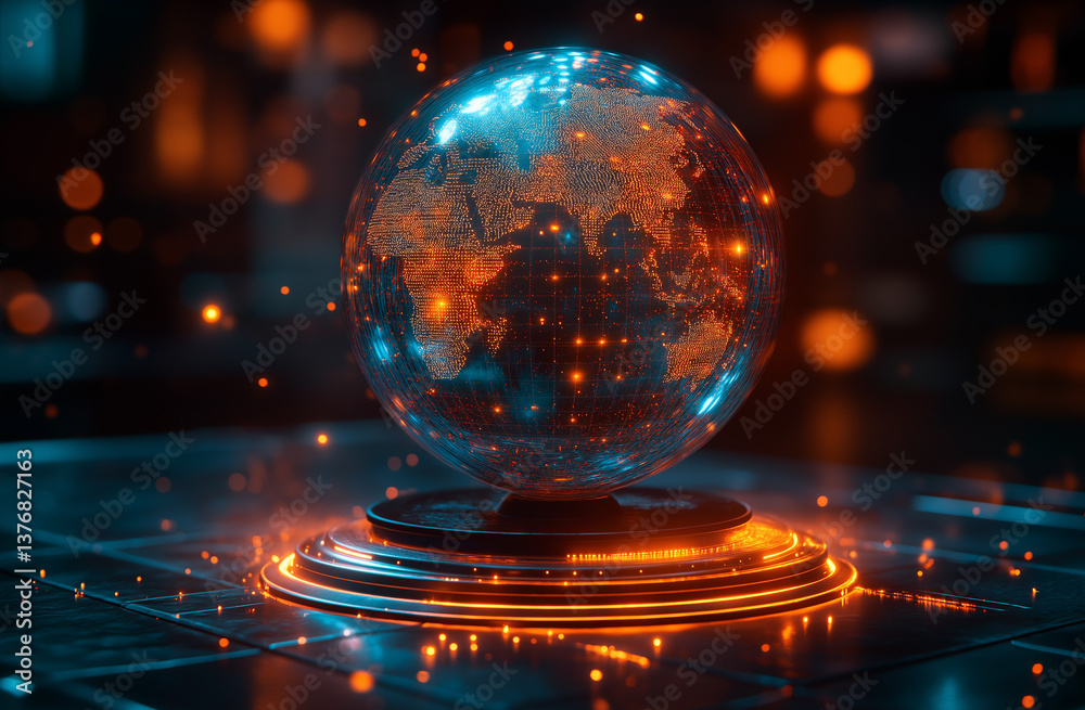 3D render of holographic globe on podium with glowing network paths 3D render of holographic globe on podium with glowing network paths