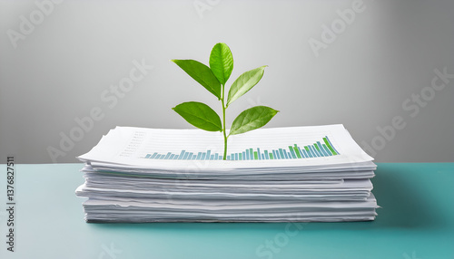 Sustainability & Business, Stock Market, Growing Green Money, Business Charts and Reports, Innovative Ideas, Green Plant Sprout In Soil On Paper Stacks and Charts, Minimalism, Isolated