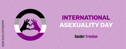 International Asexuality Day April 6, the diversity of sexual and romantic orientations. Asexual flag in a circle, a heart love gesture inside the circle - vector banner.	