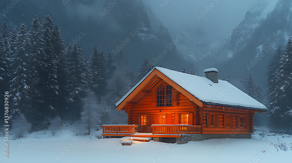 Fototapeta premium Illuminated snowy mountain cabin, winter landscape, tranquil scene, vacation rental