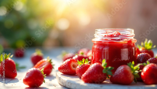 Wallpaper Mural A vibrant image of homemade strawberry jam in a glass jar and fresh strawberries, artfully arranged on a wooden surface, bathed in natural sunlight. Torontodigital.ca