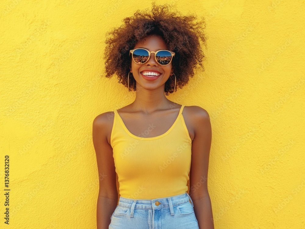A young woman with a cheerful expression, wearing a yellow tank top, blue jeans and sunglasses against a vibrant yellow wall backdrop. Her bright smile and happy demeanor suggest a carefree or joyful