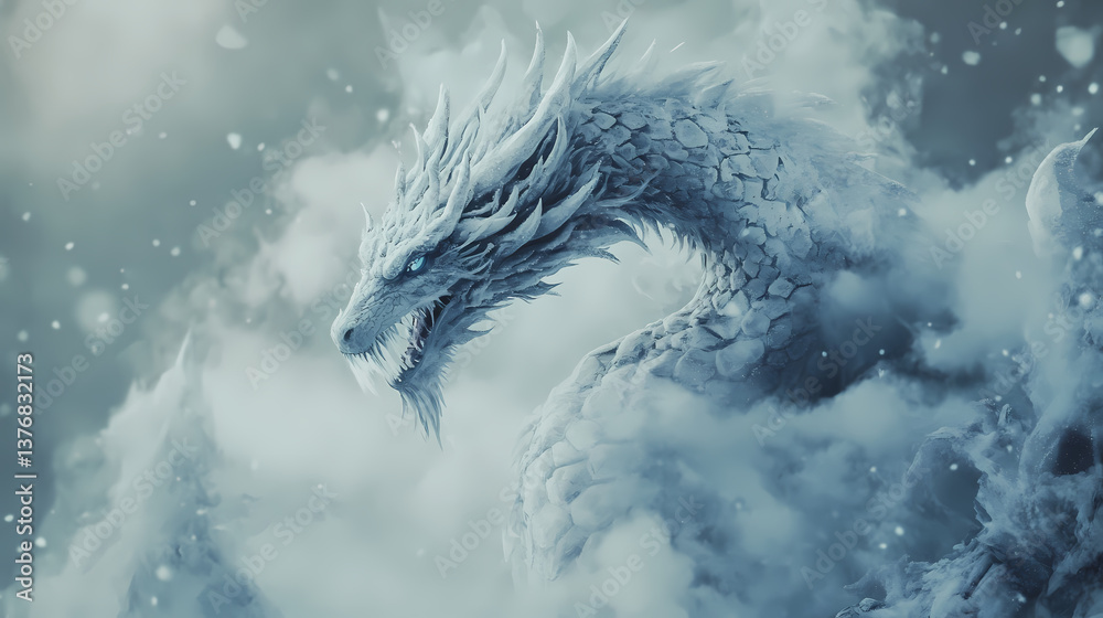 A mystical dragon with frost-covered scales amidst a winter scene, its breath forming frosty clouds. Dragons Glyphs. Illustration A mystical dragon with frost-covered scales amidst a winter scene, its breath forming frosty clouds. Dragons Glyphs. Illustration