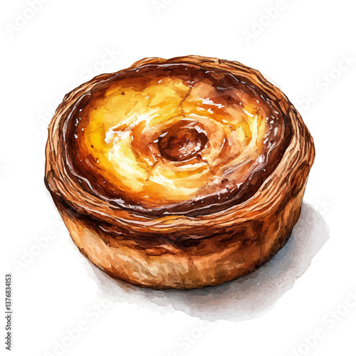 A watercolor of a Pastel de Nata, isolated on a white background. Pastel de Nata vector.

