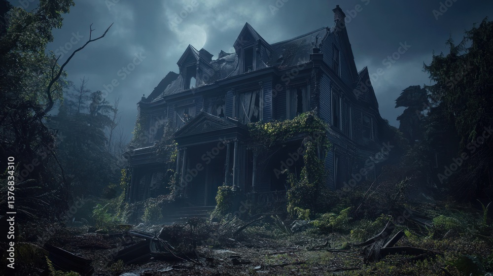 Eerie Abandoned Mansion Under a Full Moon Haunted House Scene with Gothic Architecture and Ove Eerie Abandoned Mansion Under a Full Moon Haunted House Scene with Gothic Architecture and Ove