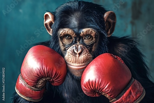 Chimpanzee wearing boxing gloves getting ready to fight