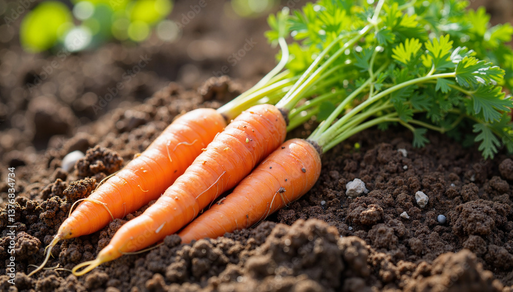 Fresh carrots growing in rich soil, garden vitality Fresh carrots growing in rich soil, garden vitality