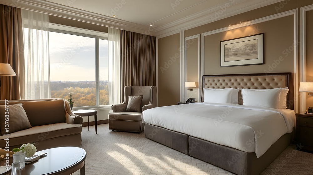 Fototapeta premium Luxurious Guest Room Interior Design with Modern Couch and Armchair Near Large Panoramic Window