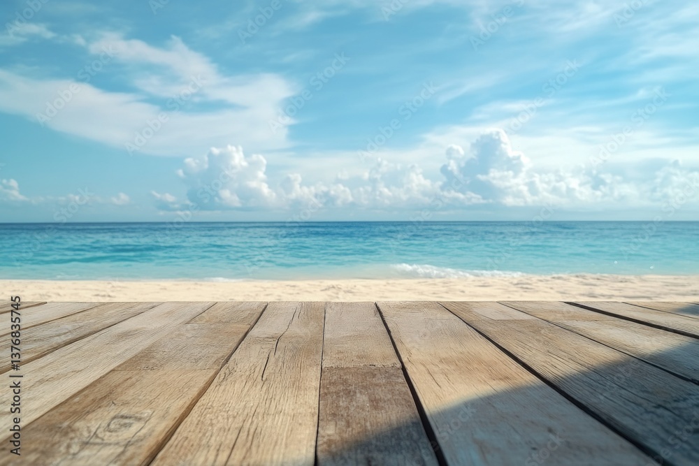 Fototapeta premium The wooden path leads to a serene beach view.