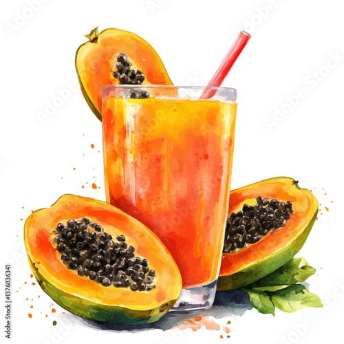 A watercolor of a papaya juice, isolated on a white background. Papaya Juice vector.


