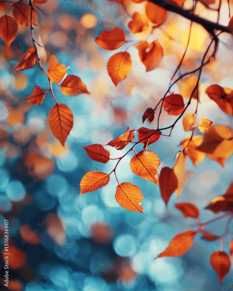A close-up view of vibrant autumn leaves with rich orange hues against a blurred blue background, capturing the essence of seasonal change and nature's beauty A close-up view of vibrant autumn leaves with rich orange hues against a blurred blue background, capturing the essence of seasonal change and nature's beauty