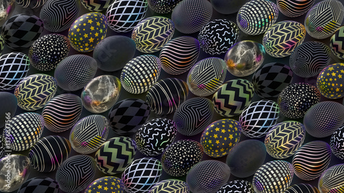 black easter eggs with bright metallic pattern on dark background