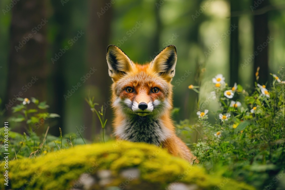 Naklejka premium Fox sitting on mossy rock surrounded by green foliage and white flowers.