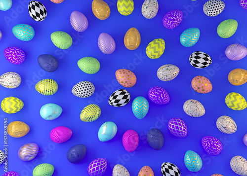 bright easter eggs on blue black background