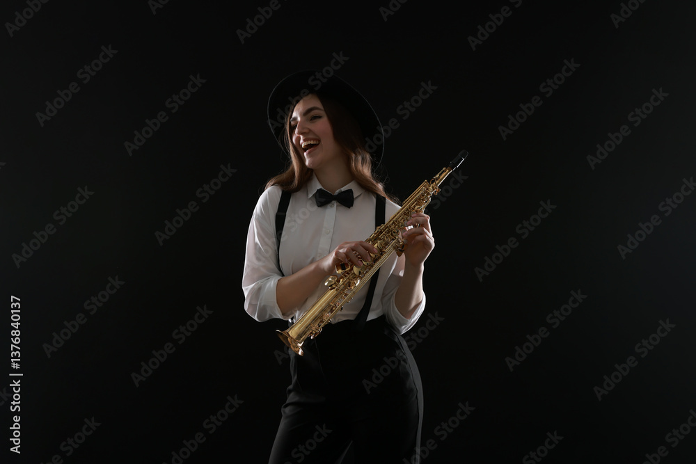 Obraz premium Musician with soprano saxophone on dark background
