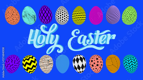 bright Easter eggs on blue background
