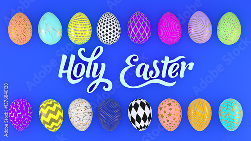 bright Easter eggs on blue background