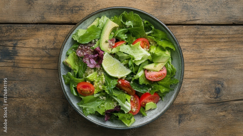 Salad with greens, avocado, tomatoes, lime in bowl on wooden table. Top view, healthy meal, clean eating Salad with greens, avocado, tomatoes, lime in bowl on wooden table. Top view, healthy meal, clean eating