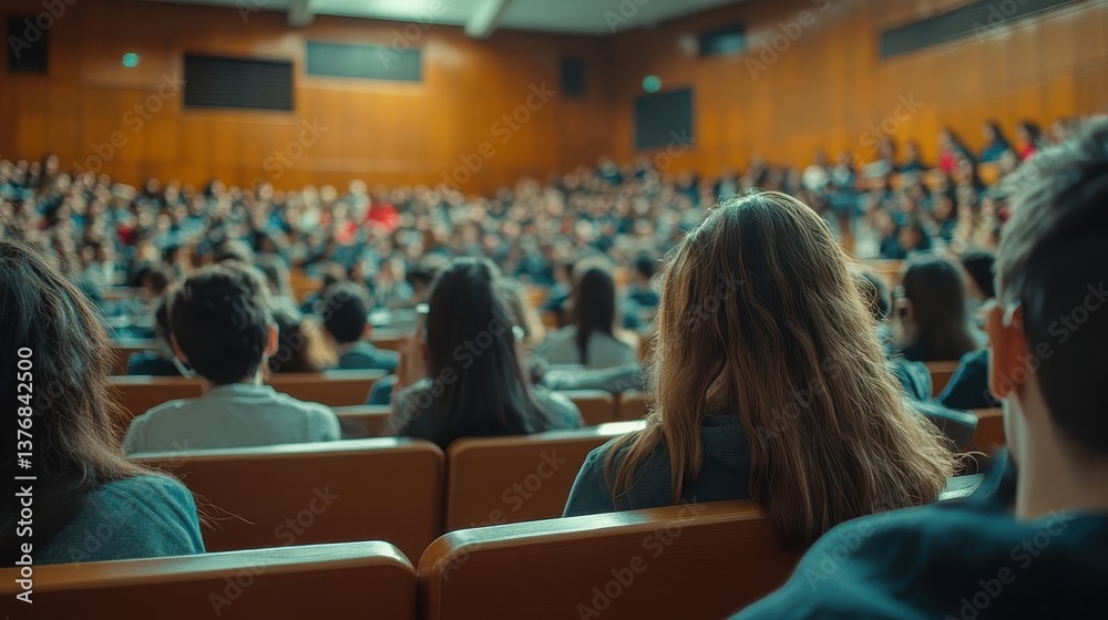 Fototapeta premium A university lecture hall filled with students taking notes during class, University, Engaged and academic