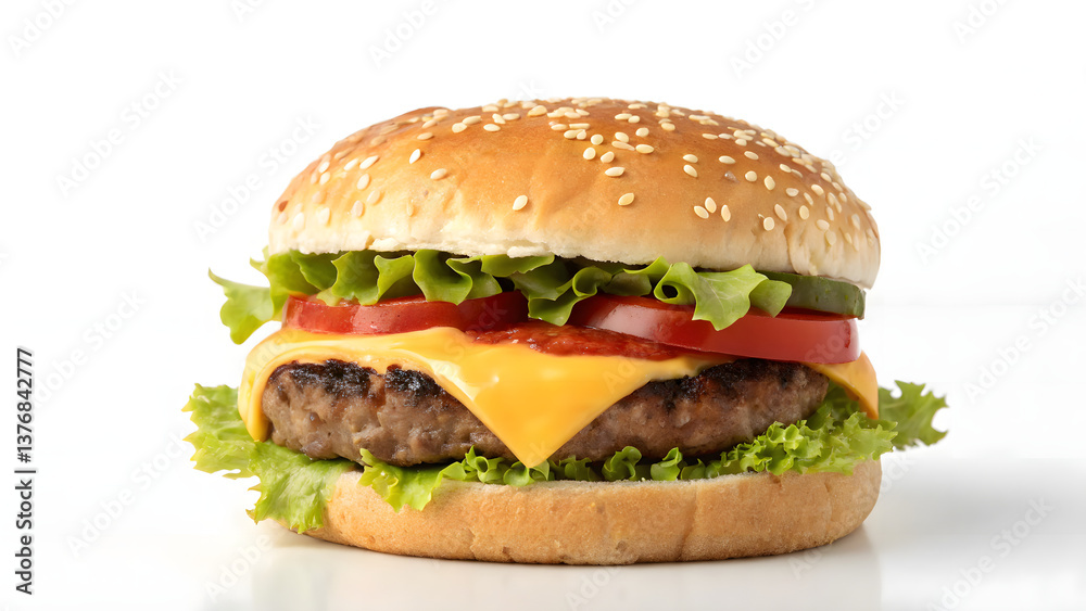A delicious cheeseburger, isolated on white, features grilled beef, lettuce, and tomato within a sesame bun A delicious cheeseburger, isolated on white, features grilled beef, lettuce, and tomato within a sesame bun