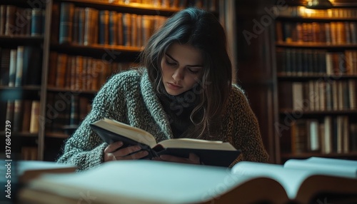 A university student studying for exams in a quiet library, University, Focused and academic