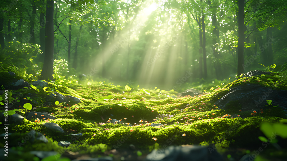 Obraz premium Sunbeams illuminate mossy forest floor, nature background, idyllic scene