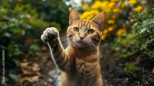 Wallpaper Mural Ginger cat outdoors with raised paw, as if waving and bright yellow flowers in background. Imagining cats with thumbs, engaging and friendly. National If Pets Had Thumbs Day Torontodigital.ca