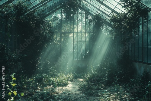Sunlight filters through broken glass panels of an abandoned greenhouse, illuminating dense vines and lush overgrowth that dominate the space Generative AI