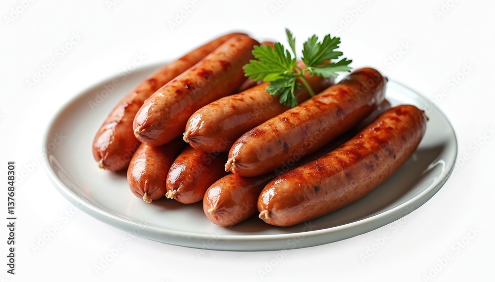 Delicious grilled sausages on white plate, isolated. Cooked meat, tasty BBQ snack. Culinary photo. Food blog, restaurant menu, cooking class illustration. Appetizing food, meat products, culinary Delicious grilled sausages on white plate, isolated. Cooked meat, tasty BBQ snack. Culinary photo. Food blog, restaurant menu, cooking class illustration. Appetizing food, meat products, culinary