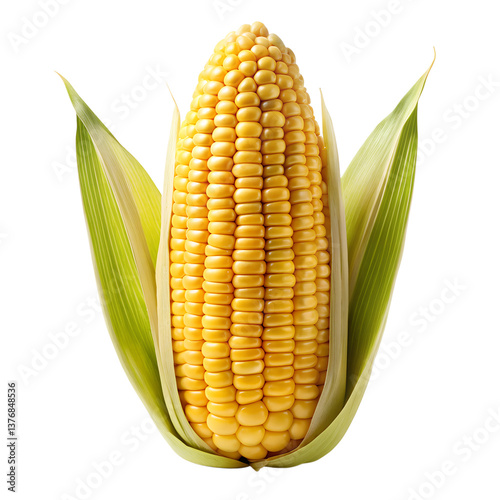 Fresh yellow corn on the cob isolated on white background with husk and leaves