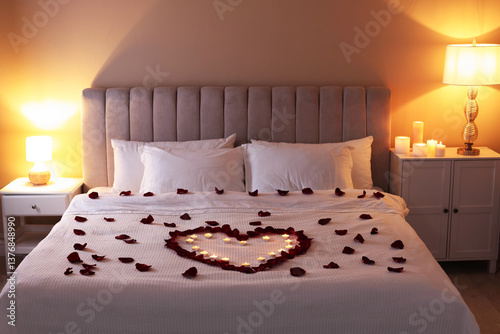 Obraz na płótnie Heart made with beautiful rose petals and burning candles on bed indoors w salonie