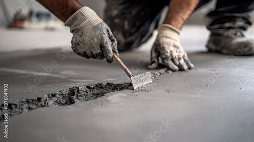 A construction worker repairing a concrete floor crack. Featuring skill and repair work