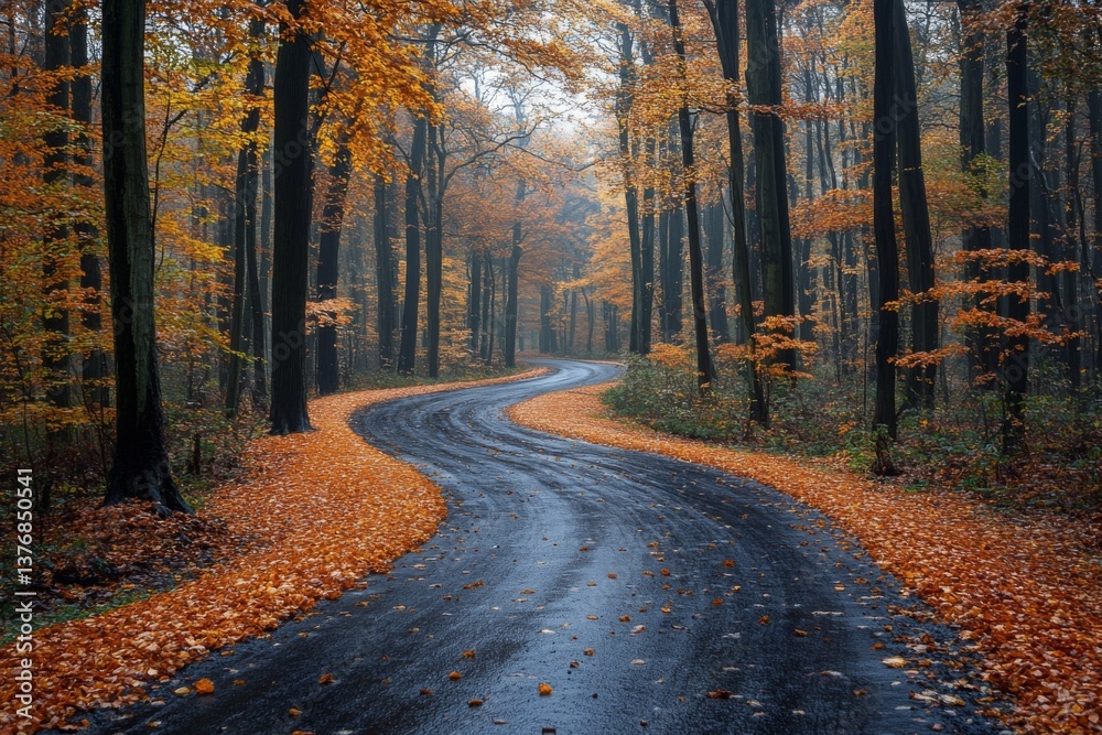 Obraz premium A winding road meanders through a dense forest filled with trees showcasing vibrant autumn leaves. A light mist adds a serene atmosphere to the scene Generative AI