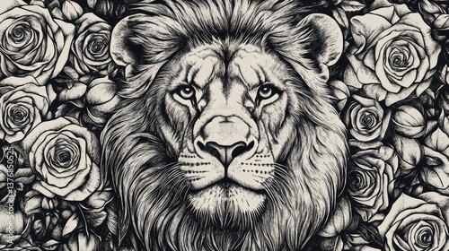 Majestic lion's face surrounded by roses, monochrome illustration.