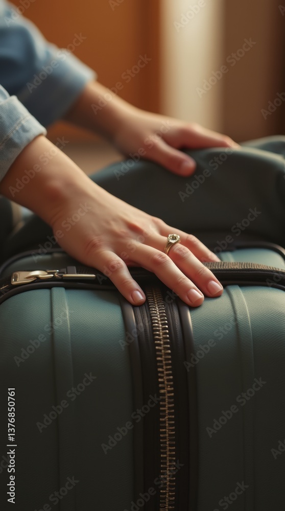 Fototapeta premium Close-up of a young woman’s hands packing a suitcase for college, warm colors, emotional vibe, great for storytelling or milestone imagery.