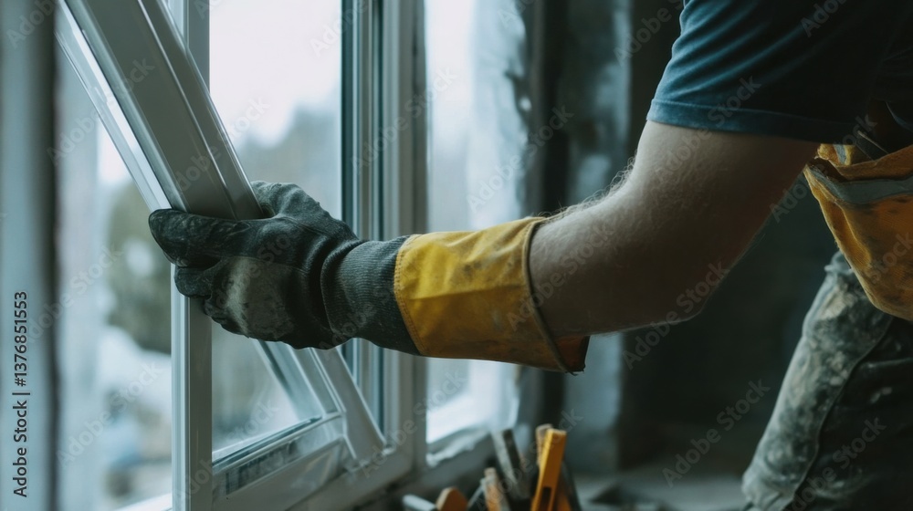 A construction worker sealing windows on a building site. Featuring attention to detail and craftsmanship A construction worker sealing windows on a building site. Featuring attention to detail and craftsmanship