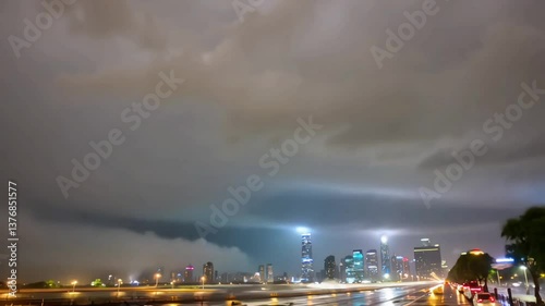 Dramatic timelapse of thunderstorm, menacing clouds over illuminated cityscape at night